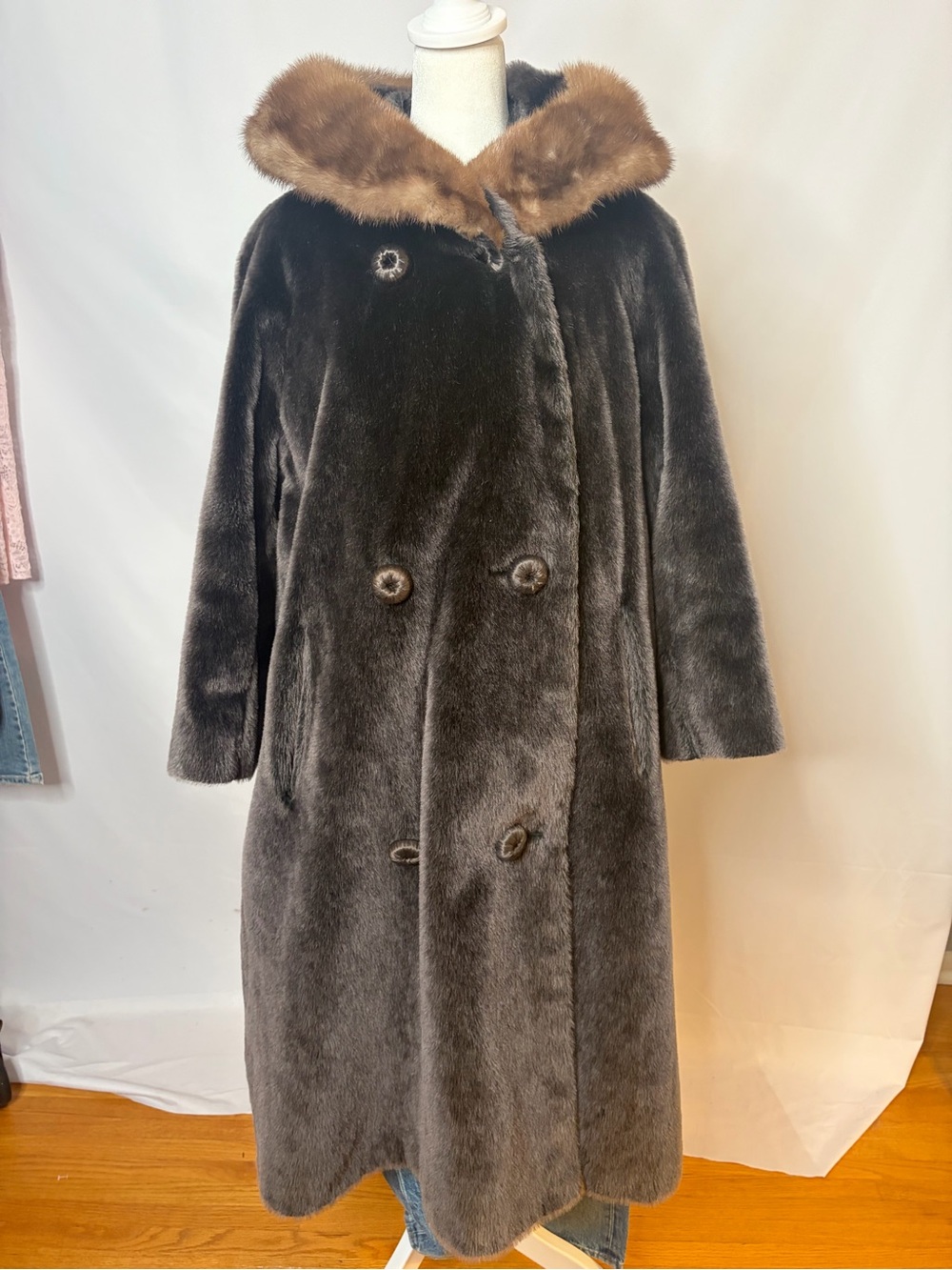 Lux Faux Fur Long Coat with Contrasting real fur Collar - Brown/Gray